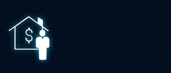 Glowing neon real estate investment icon featuring a house with a dollar sign and a businessman symbol