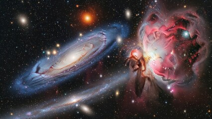 Vast cosmic landscape featuring a majestic spiral galaxy, vibrant emission nebula, and countless stars in the deep celestial universe.