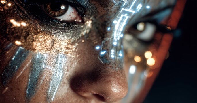 Close up of a persons face with intricate body paint and glowing details