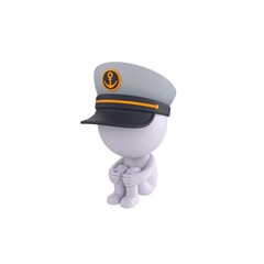 Fototapeta premium Cute 3D render Little Stick Man with Captain Cap character sitting on the floor hugging knees. Isolated on a clean white background.