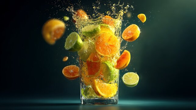 Colorful citrus beverage splash in tall glass with lime and orange fruit pieces