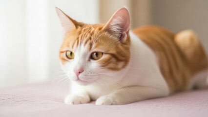 Close-up of a serene ginger and white domestic cat relaxing calmly indoors, with alert amber eyes and a peaceful expression.