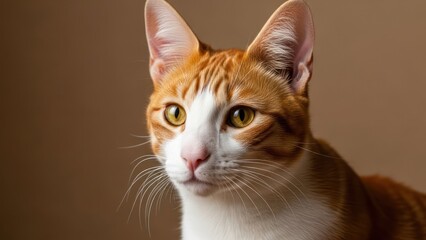 Curious Orange and White Tabby Cat Headshot with Bright Yellow Eyes on a Warm Brown Background