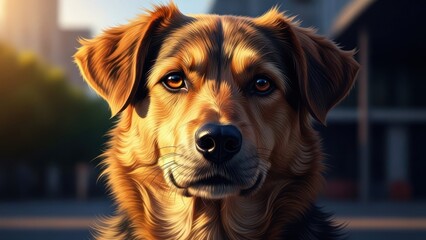 Warm close-up portrait of a loyal domestic dog with brown and tan fur looking directly at the camera in soft golden hour sunlight.
