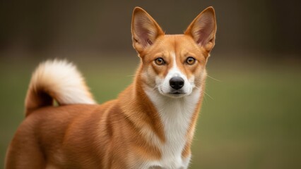 Cute and alert dog portrait outdoors, a beautiful Corgi-like breed with reddish-brown and white fur looking directly at camera.