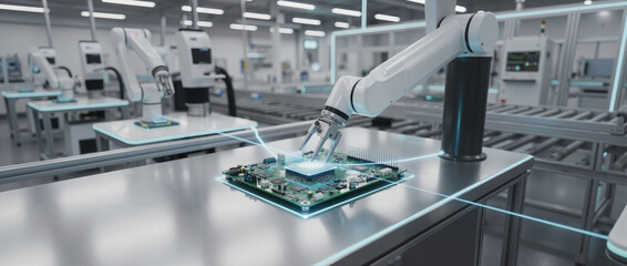 4K photo of industrial robotic arm assembling microchip on automated production line, futuristic factory with high-tech equipment, AI and automation concept, copy space