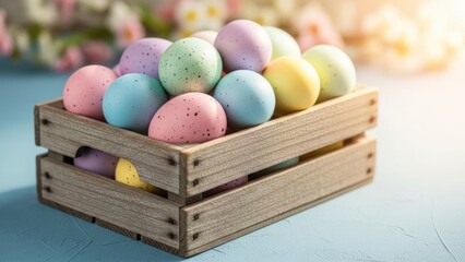 Colorful Easter eggs in a rustic wooden crate on blue background