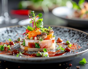 High detail Thai royal cuisine presented in fine dining style with elegant garnish, showcasing traditional Thai culinary heritage.