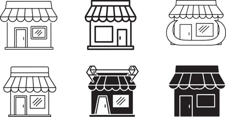 Shop store building icon set in multiple styles including outline bold and filled versions suitable for retail maps ecommerce branding local business apps and storefront illustrations