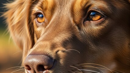Close-up portrait of a beautiful golden-red dog's face, featuring expressive amber eyes and a wet nose, attentive canine companion