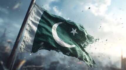 A waving green flag featuring a white crescent and star, symbolizing a nation