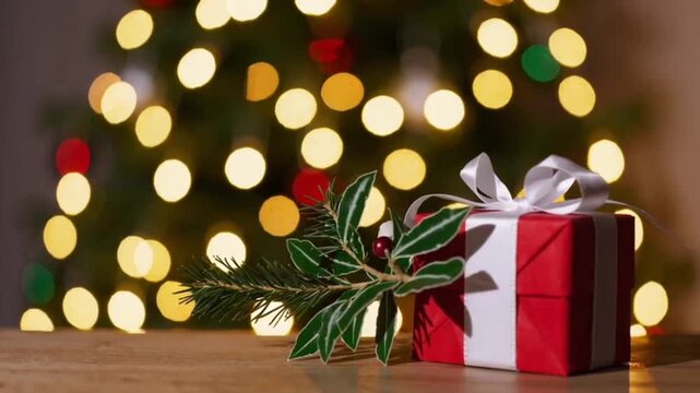 4l merry christmas and happy new year with mistletoe and gift with xmas tree and glowing light
