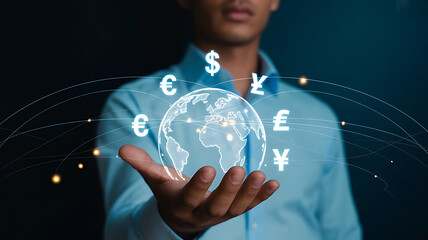 Global currency exchange and digital trading analytics on modern laptop