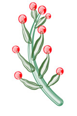 Abstract hand-drawn berry branch with bright red round berries and green leaves, digital painting style, 