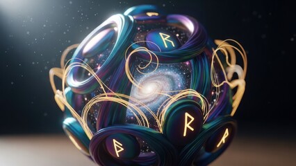 Enigmatic mystical orb adorned with glowing ancient runic symbols, encapsulating a vibrant swirling galaxy, symbolizing cosmic energy, destiny, and spiritual wisdom.