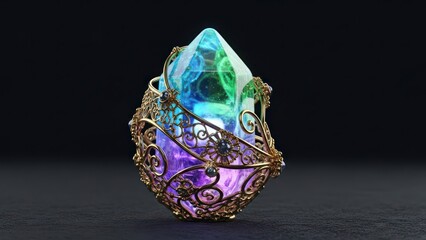 Glowing iridescent fantasy crystal in ornate golden filigree setting. Mystical multi-colored magical gem artifact on dark background.