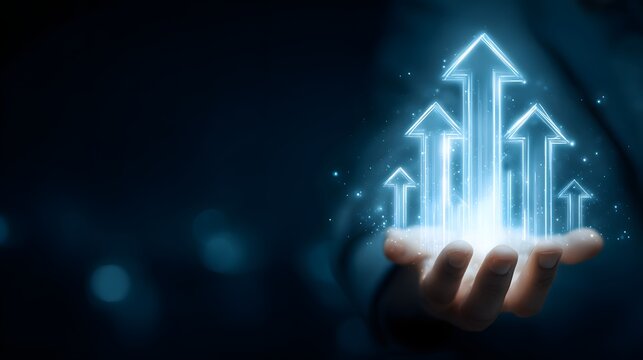 Business Growth Concept with Glowing Upward Arrows in Human Hand