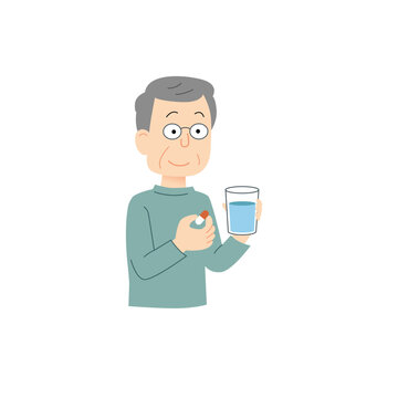薬を飲むシニア男性のイラスト