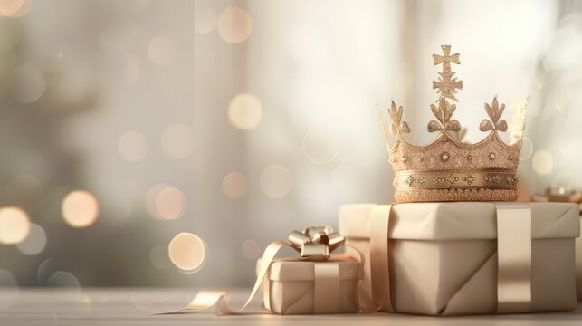 Elegant celebration of epiphany and three kings day with ornate crown and gift boxes. Horizontal banner. Copy space. Template with crowns and gift boxes for Three Kings Day. Free space for text