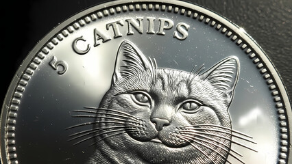 Detailed close-up of an elegant cat's face meticulously engraved on a polished silver-toned collectible coin, representing the cherished spirit of domestic felines