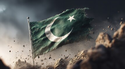 A waving green flag featuring a white crescent and star, symbolizing a nation