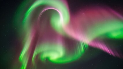 Vibrant Green and Pink Aurora Borealis Swirling in Dark Night Sky, Spectacular Northern Lights Display