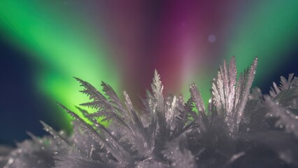 Close-up of intricate ice crystals with a vibrant green and magenta aurora borealis glowing in the dark night sky, winter nature.
