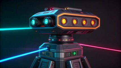 A futuristic robotic head and torso with glowing lights and neon accents