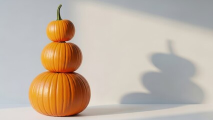 Stacked pumpkins in creative arrangement on white surface