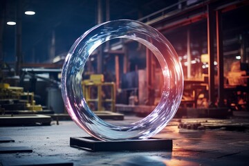 Glowing glass ring sculpture standing in a dark industrial factory creating a technological display