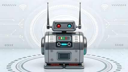 Classic retro robot with antennae stands in a futuristic digital environment