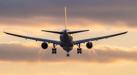 Airplane flying through clouds during sunset, travel and transportation concept