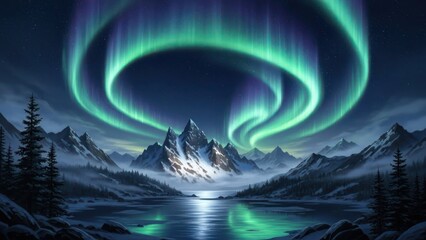 Spectacular Northern Lights (Aurora Borealis) illuminating a majestic snow-capped mountain range and serene winter lake at night.