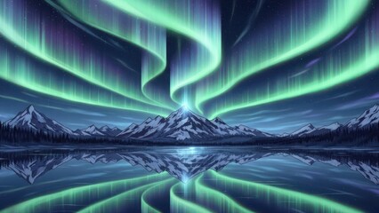 Vibrant Aurora Borealis dancing over snow-capped mountains and a reflective lake at night, showcasing green and purple Northern Lights.