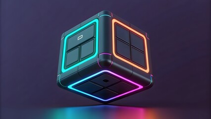 A futuristic glowing cube with neon lights and a minimalist design