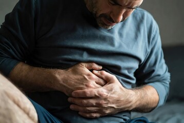 Fototapeta premium Man in dark shirt holds abdomen in pain, looking down with