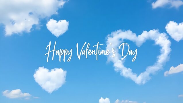Happy valentine's day with heart shaped clouds in blue sky