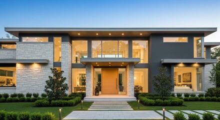 Modern luxury home with stone facade and large windows at dusk exterior
