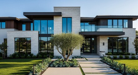 Modern luxury home with stone facade and large windows exterior design