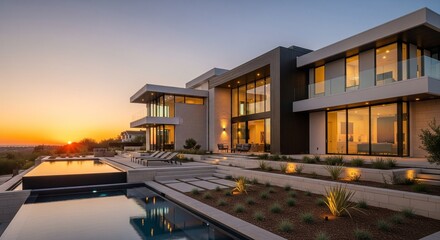Modern luxury home with pool and sunset view, contemporary architecture and design