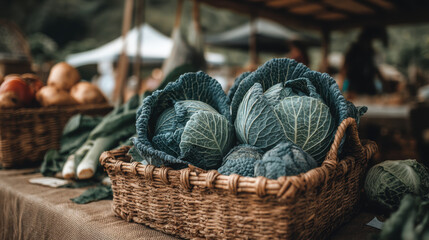 Obraz premium Fresh green cabbage in basket at hyper local market showcasing sustainable farming and regenerative process within circular economy system