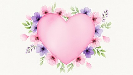 Beautiful pink heart surrounded by colorful flowers and leaves arrangement