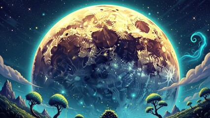 Stunning fantasy landscape illustration with a vibrant, glowing planet dominating a starry night sky above mythical trees.