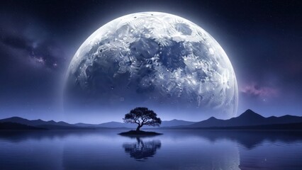 Majestic Full Moon Night Landscape with Tranquil Lake Reflection and Solitary Tree Silhouette