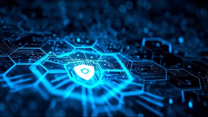 Glowing digital shield on blue hexagonal circuit board background representing cybersecurity concept and data protection network safety - Powered by Adobe
