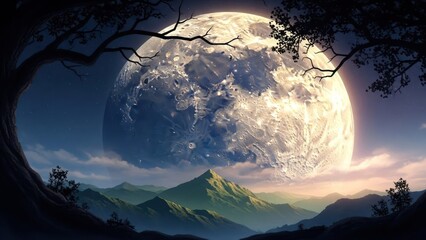 Majestic Full Moon Glowing Over Serene Mountain Landscape at Night with Silhouetted Trees. Enchanting Celestial Scene.