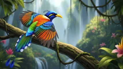 Vibrant exotic bird with colorful plumage perched on a branch in a lush tropical rainforest jungle with waterfalls and flowers.