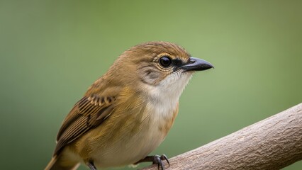 Close-up of a charming small brown bird with a dark beak, perched peacefully on a tree branch amidst a lush green background.