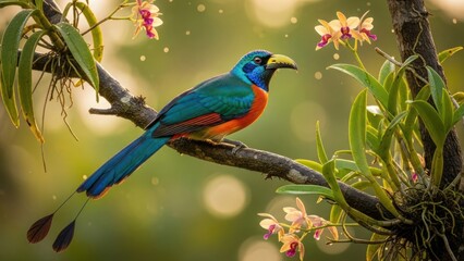 Beautiful turquoise and orange exotic bird with long iridescent tail feathers perched gracefully on a tree branch adorned with delicate orchids.