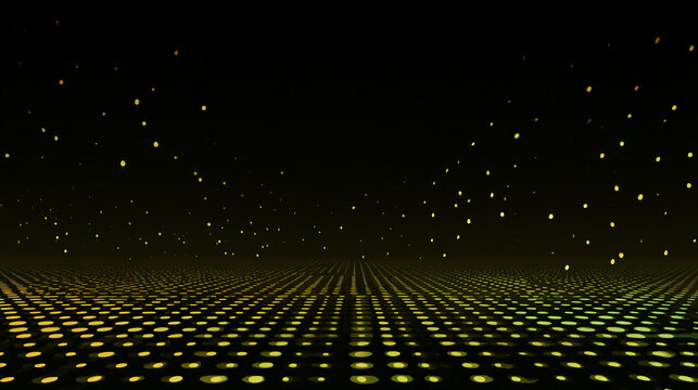 Digital abstract scene featuring glowing dots and a grid pattern against a dark background. - Powered by Adobe